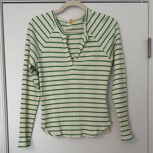 MOTHER Cream and Green Striped Long Sleeve Top